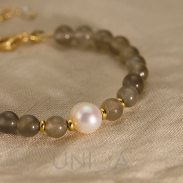 Grey Moonstone Bracelet with Pearl | 925 Sterling silver