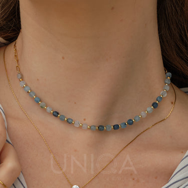 Aquamarine beaded Necklace | 18 kt gold plated steel