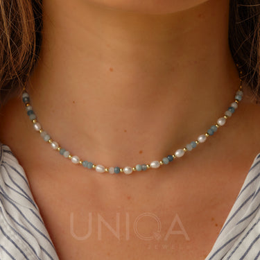 Pearl & Aquamarine Choker Necklace | 18 kt gold plated steel