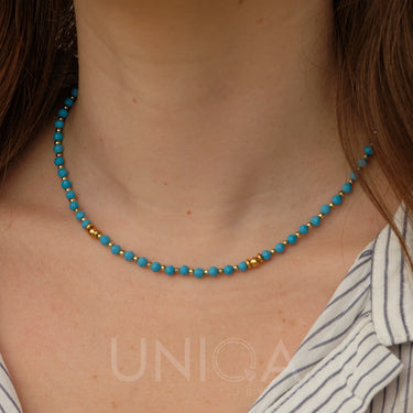 Turquoise color Beaded Necklace | 18 kt gold plated steel