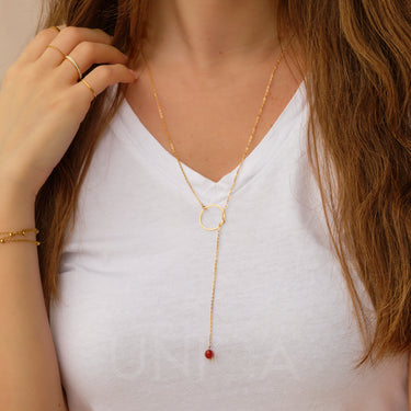 Carnelian Lariat Necklace | 18 kt gold plated steel