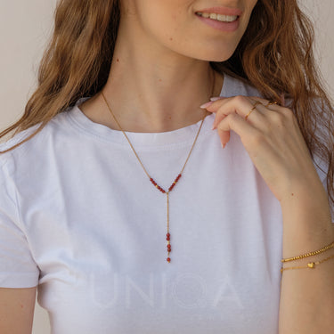 Carnelian Lariat Long Necklace | 18 kt gold plated steel