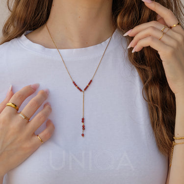 Carnelian Lariat Long Necklace | 18 kt gold plated steel