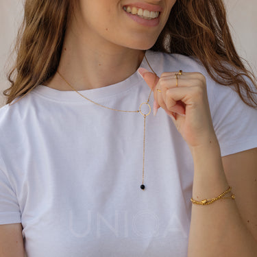 Onyx Lariat Necklace | 18 kt gold plated steel