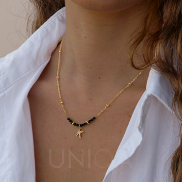 Onyx Initial Necklace | 18 kt gold plated steel