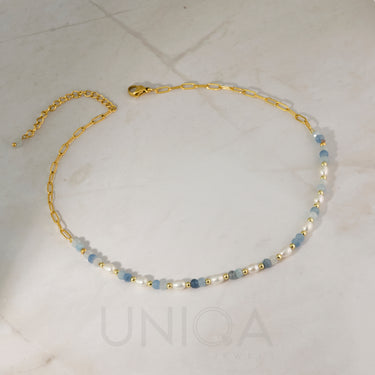 Pearl & Aquamarine Choker Necklace | 18 kt gold plated steel