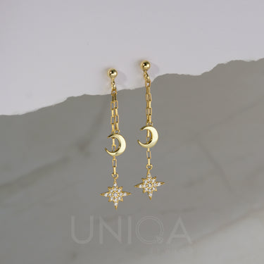 Moon Star Dangle Chain Earrings | 925 Sterling silver