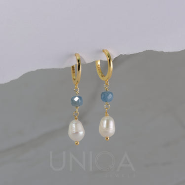 Aquamarine Pearl dangle Hoop Earrings | 925 Sterling silver