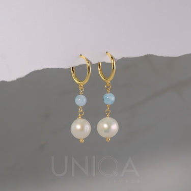 Pearl Aquamarine dangle Hoop Earrings | Sterling silver 925